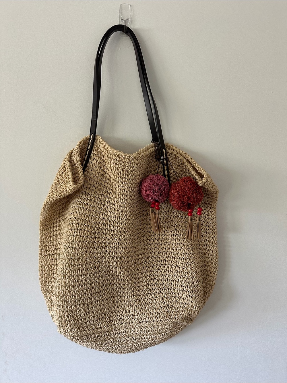 Natural Woven Tote with Red Pom-Pom Accents